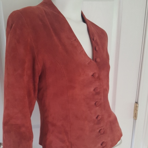 VTG Suede Jacket S Rose V Neck Lined Fitted - Picture 2 of 5